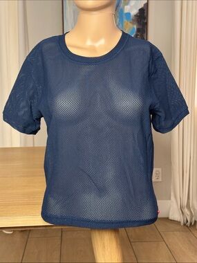 Hidden Heart by American Heroes Navy Mesh Knit Top USA Made Cotton Lycra L